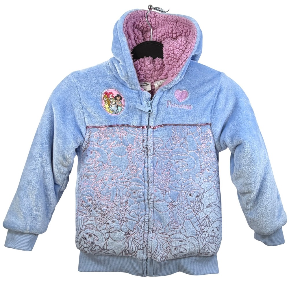 Disney Princess Hoodie Jacket Girls Blue Pink Faux Fur Sherpa Lined Zip Up Sz 7